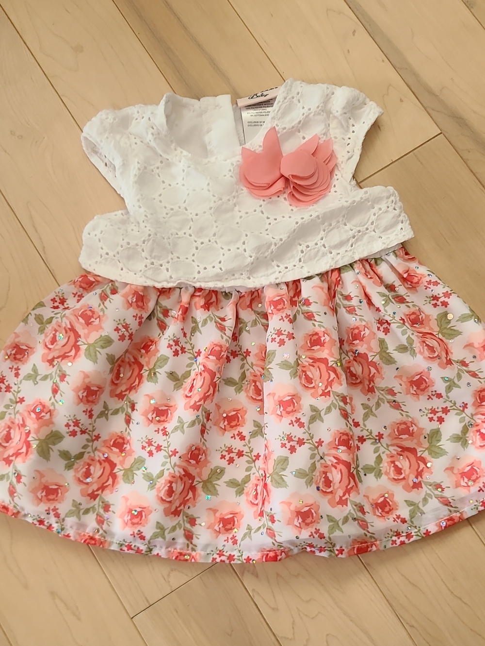 Little Lass White Eyelet Dress with Coral Floral Skirt